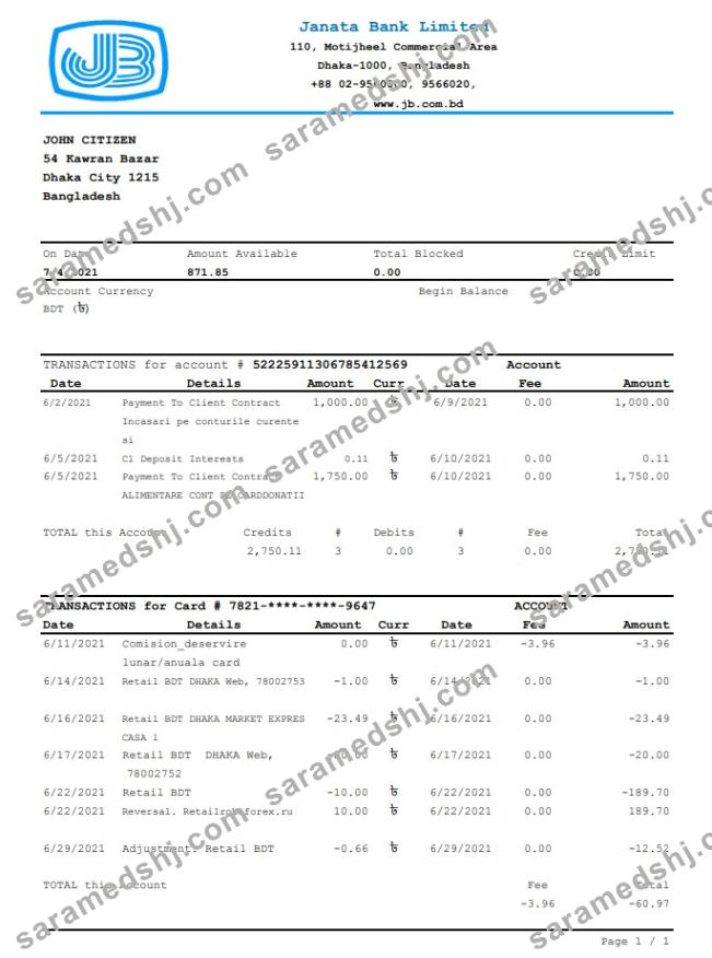 Bangladesh Janata bank statement easy to fill template in .xls and .pdf file format